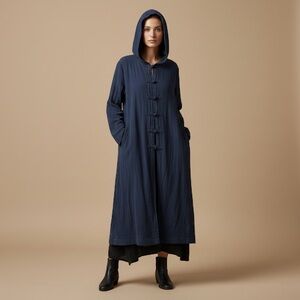 Romacci Cotton Hooded Long Tunic Duster Cardigan Minimalist Handmade Buttons M